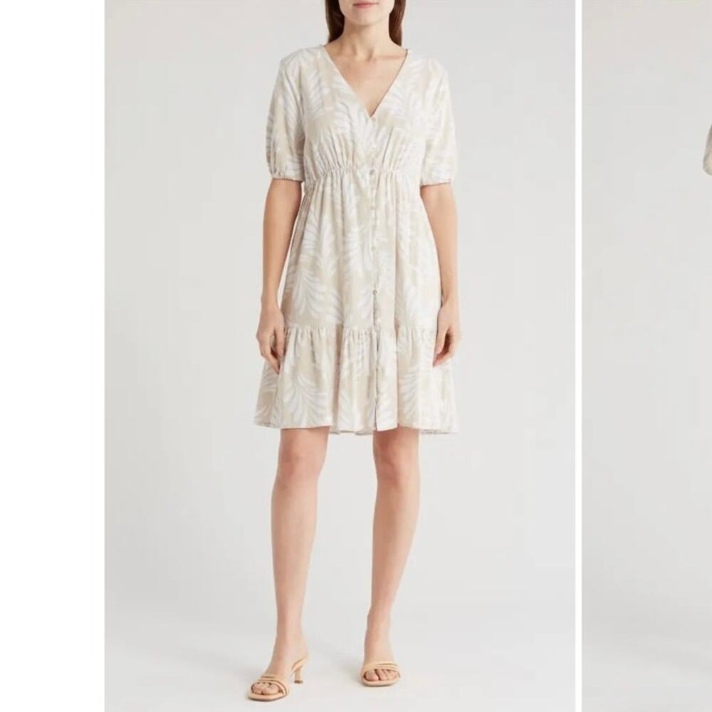 Ellen Tracy Tiered Linen Blend Dress - Linen Leaf Pattern